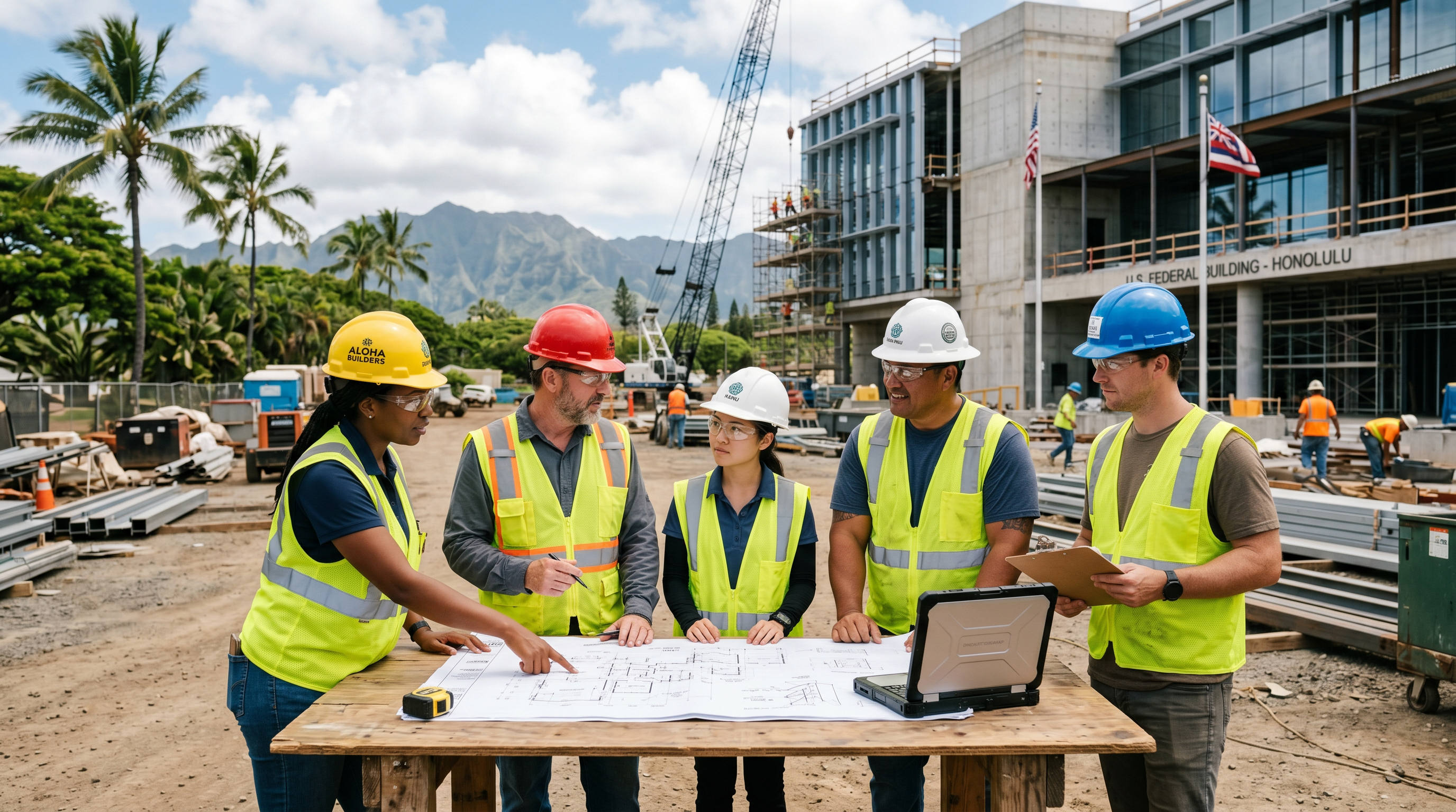 Pili Construction team reviewing project plans at a federal building construction site in Hawaii